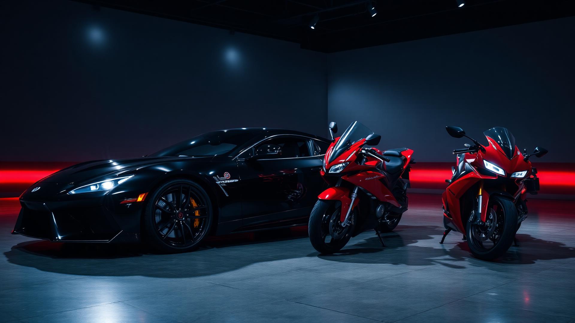 Auto sportiva e moto in showroom
